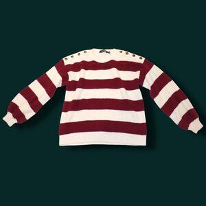 Lauren Ralph Lauren Striped Cotton Sweater Red Cream Shoulder Buttons Womens M